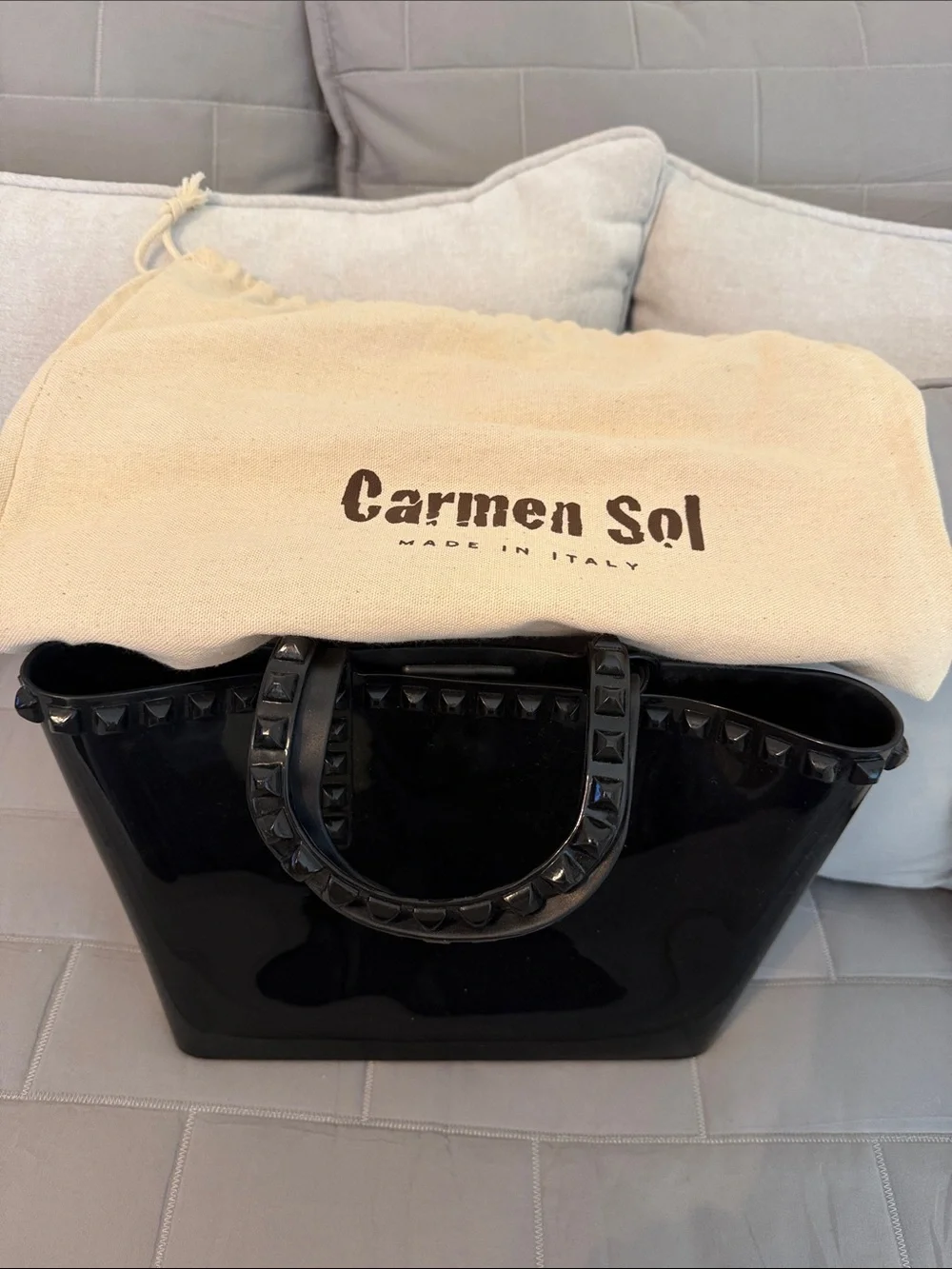 Patent Black Studded Tote with Script Charm